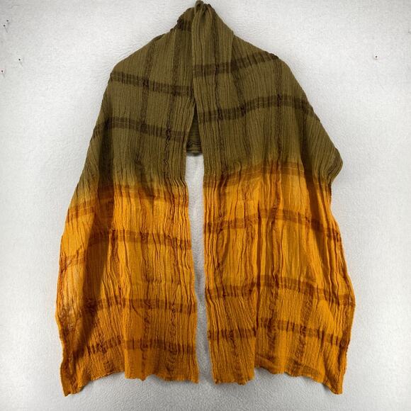 EILEEN FISHER Scarf Wool Crinkle Gauze Ombre Check Wrap Green Orange 18" x 80" - Picture 5 of 10